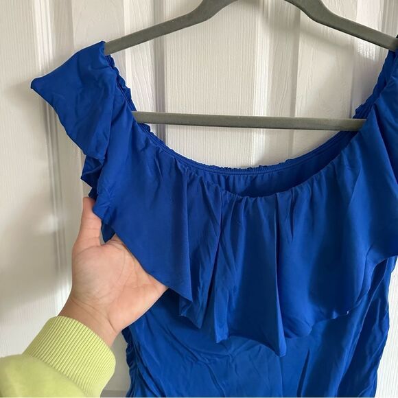 Trina Turk Women’s Monaco Off The Shoulder Ruffle One Piece Swim Blue Size 12 - Picture 4 of 10